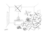 Man at desk alone  next to a pile of empty  scratched-out thought clouds - New Yorker Cartoon