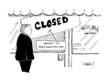 Man stands in front of a bar that is closed  with a sign that reads  'Move… - Cartoon