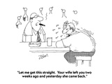 "Let me get this straight  Your wife left you two weeks ago and yesterday…" - Cartoon