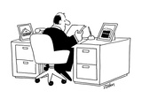 Exec at desk  Pictures of cake  pie  etc on desk - Cartoon