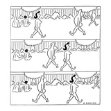 Three panel sequence shows a man in a nudist colony walking by a female nu… - New Yorker Cartoon