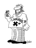 Burly biker-type drinking  wearing map-like tee shirt that says: "I Am Her… - Cartoon
