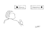 A man  trying to decide where to go  stands in front of two signs; one sig… - Cartoon