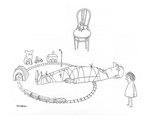 Little girl has tied her father to the railroad tracks of a toy train set - New Yorker Cartoon