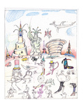 Steinbergian landscape populated with monuments  statues  and walking crea… - New Yorker Cartoon