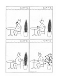 Man in sidewalk cafe tosses out his drink into a potted shrub; the plant s… - New Yorker Cartoon