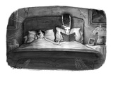 The bride of Frankenstein reading a book in bed with a book light plugged … - New Yorker Cartoon