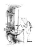 Man in bathroom A hand reaches out of a water-filled sink holding up a sw… - New Yorker Cartoon