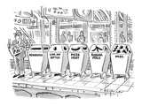 Man on subway platform stands next to trash bins labeled: 'Newspapers ' 'C… - New Yorker Cartoon