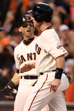 San Francisco  CA - Oct 22: Giants v Cardinals - Marco Scutaro  Buster Posey and Hunter Pence