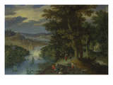Wooded River Landscape with Walkers and Sailing Boats