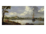 View from North-East onto Greenwich-Palace  with an Anchored Warship