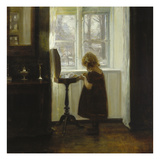 A Girl Standing by a Sewing Table