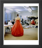 Fashion Designer Christian Dior Commenting on Red Gown for His New Collection Prior to Showing