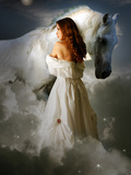 A Young Girl Wearing a White Dress Standing Beside a Horse under the Moonlight