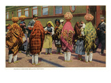 View of Pueblo Women Selling Pottery by a Train
