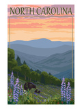 North Carolina - Bear and Cubs with Spring Flowers