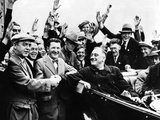 Franklin Roosevelt in the Back Seat of His Car  Surrounded by Cheering Citizens  1930s