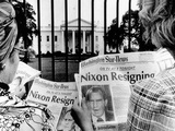 Tourists in Front of the White House Read Headlines  'Nixon Resigning ' Aug 8  1974