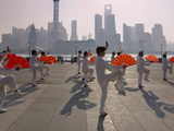 People Practicing Taiji and Pudong Skyline  Shanghai  China