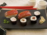 Sushi (Salmon Nigiri and Norimaki)  Wasabi Cream and Pickled Sushi Ginger Slice  Japan
