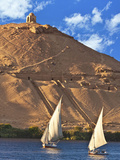 Felucca Sailboats  Temple Ruins and the Large Sand Dunes of the Sahara Desert  Aswan  Egypt
