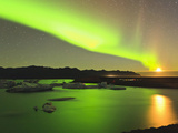 Aurora Borealis and Moon over Icebergs  Jokulsarlon and Breidamerkurjokull  Iceland