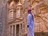 Arab Man Watching Facade of Treasury (Al Khazneh)  Petra  Jordan