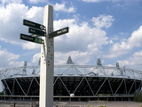 Signpost for the Greenway  with the Oiympic Stadium Behind  Stratford  London  England  UK