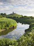 River Tone Meandering Towards Burrow Mump and Ruined Church  Burrowbridge  Somerset  England