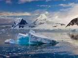 Icebergs Drifting Past Snow Covered Mountains on Gerlache Strait  Antarctic Peninsula  Antarctica