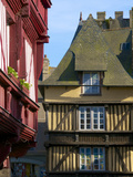 Medieval Corbelled and Half Timbered Mansions  in Cobbled Street  Old Town  Dinan  Brittany  France
