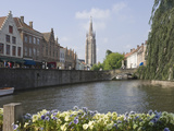 Canal View with the Spire of the Church of Our Lady  Brugge  Belgium  Europe