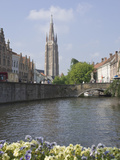 Canal Scene with the Spire of the Church of Our Lady  Brugge  Belgium  Europe