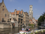 Canal with Tour Launch  Flemish Gables  Belfry Tower  Brugge  UNESCO World Heritage Site  Belgium