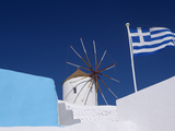 Church  Windmill and Greek Flag  Santorini  Cyclades  Greek Islands  Greece  Europe
