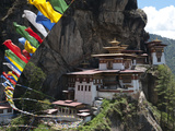 Taktshang Goemba (Tigers Nest Monastery) with Prayer Flags and Cliff  Paro Valley  Bhutan  Asia