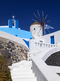 Church  Windmill and Greek Flag  Santorini  Cyclades  Greek Islands  Greece  Europe