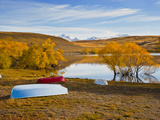 Rowing Boats and Snow Capped Mountains at Lake Alexandrina  Southern Lakes  New Zealand