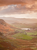 Looking Down Wrynose Pass to Little Langdale in Lake District National Park  Cumbria  England