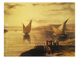 Rock of the Chain  Hadjar Silsils  with Limestone Carrying Nile Feluccas  Lithograph  1838-9
