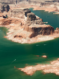 Aerial View of Distant Boats Navigating Lake Powell's Turns