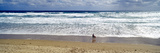 A Mother and Son Stand on a Wide Windswept Beach Watching Foamy Waves