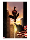 Ultimate Comics Spider-Man 7 Cover: Spider-Man Sitting on Top of a Flag Pole in the City