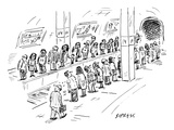 Two lines of people await the subway  which seems to be going both uptown … - New Yorker Cartoon