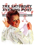 "Boy Drawing Stick Figures " Saturday Evening Post Cover  December 11  1937