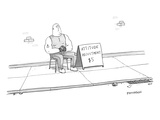 A strong man with a tattoo of an anchor on his biceps sits on a chair next… - New Yorker Cartoon