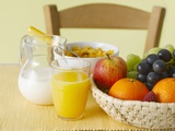 Still Life with Juice  Fruit  Milk and Cornflakes