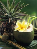 Opened Coconut with Straws and a Pineapple
