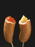 Sausages with Ketchup and Mustard on Wooden Cocktail Sticks